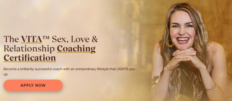 Promotional banner for a relationship coaching certification featuring a smiling coach and text about sex, love, and relationship coaching.
