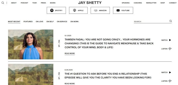 Jay Shetty podcast episode archive displayed on a website with clean design, showing recent episodes, simple navigation, and clear listen and watch options.