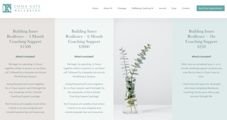 Pricing page from Emma-Kate Wellbeing showing coaching packages that explain what clients receive when working with a resilience coach, including 3-month, 6-month, and 1-hour support options.