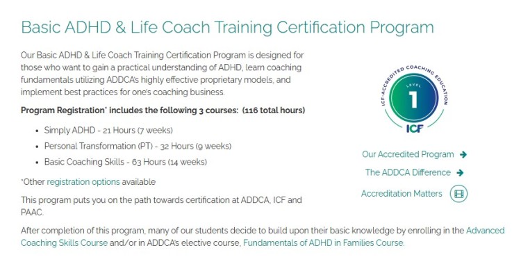 Overview of an addca certified ADHD and life coach training program showing course structure, hours, and ICF-accredited certification pathway.