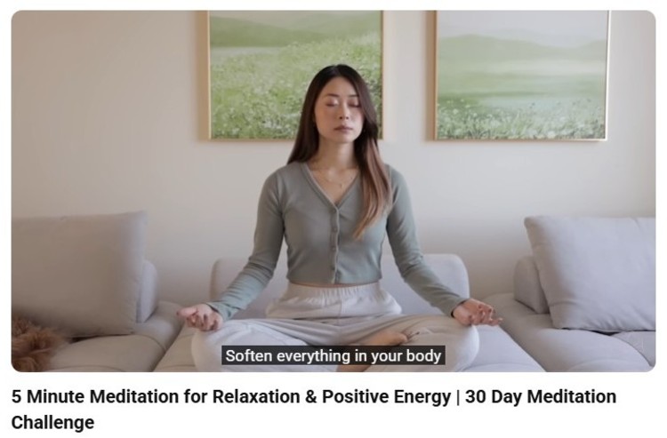 Woman practicing guided meditation at home as an approach that helps individuals relax, reset, and build positive energy