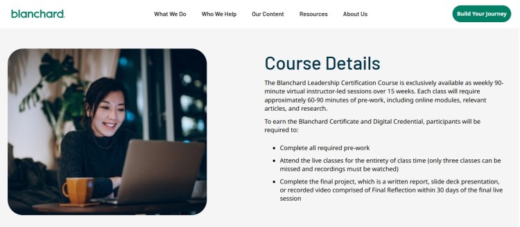 Blanchard leadership training courses overview showing course details, live virtual sessions, required pre-work, and certification requirements.