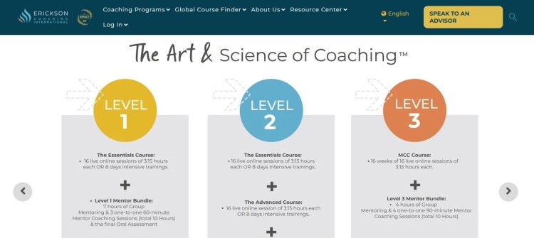 Erickson coaching certification levels designed for effective coaching, showing Level 1, Level 2, and Level 3 training pathways.