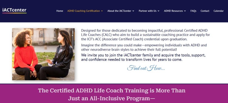Homepage section of the iACTcenter showing certified ADHD life coach programs offering specific training for professional ADHD coaches.