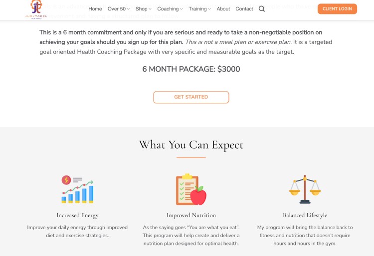 Personal training and health coaching package page outlining a six month program and expected results