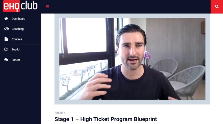 Liam Austin teaching a high-ticket program blueprint inside EHQ Club, explaining modern marketing strategies for coaches.