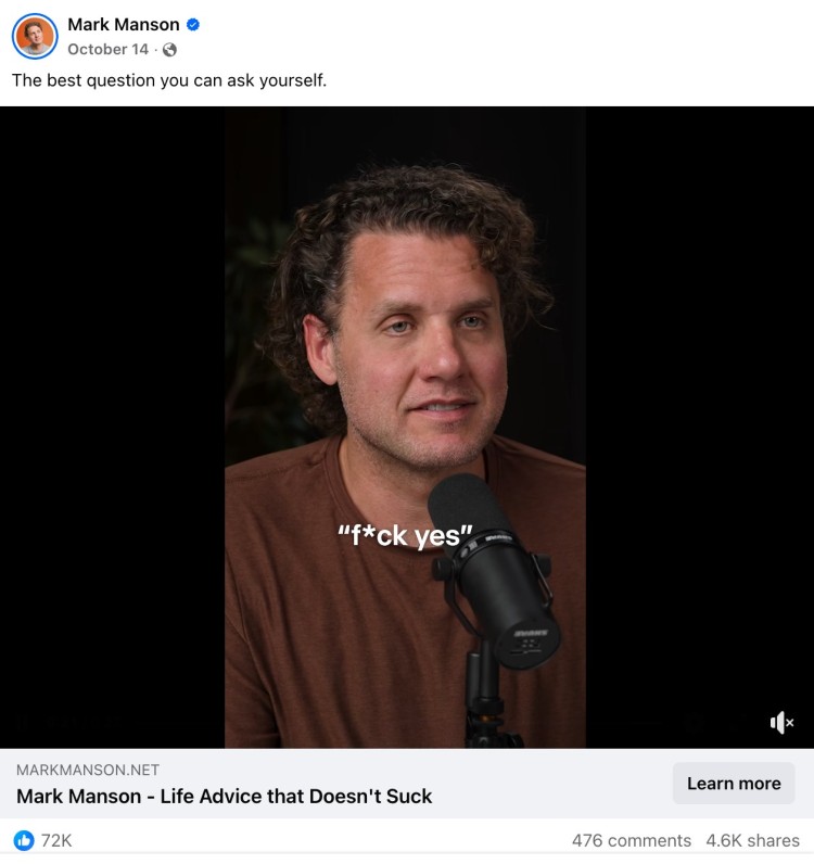 Facebook video post by Mark Manson showing a high number of likes, comments, and shares on a motivational message.
