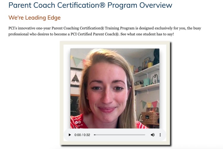 Parent Coach Certification Program overview for professionals who want to become a parenting coach, featuring student testimonial and training details.
