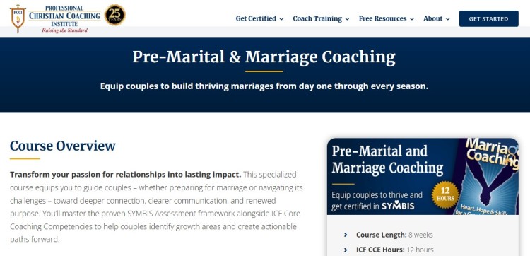 Pre-marital and marriage online coaching certification program showing course overview, training focus, and coach education details.