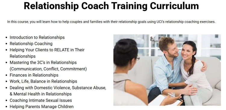 Relationship coach best training curriculum showing core topics like communication, conflict resolution, intimacy, and family coaching.
