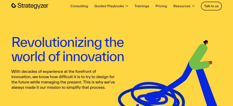 Strategyzer homepage highlighting resources for innovation, consulting, and guided playbooks