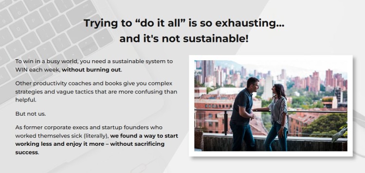Productivity coaching services focused on building sustainable systems to avoid burnout and create better work-life balance for busy professionals.