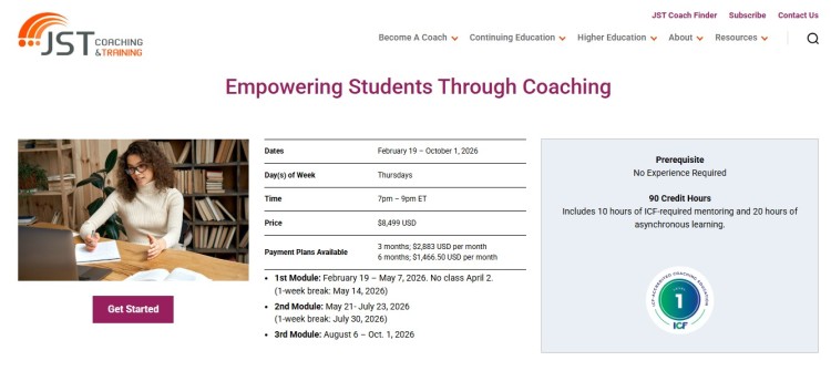 JST Coaching and Training program page focused on coaching students, showing course dates, schedule, pricing, and ICF-accredited ADHD coach training details.