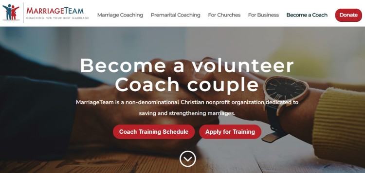 Volunteer marriage coach training program focused on successful coaching for couples through faith-based relationship support.