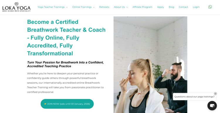 Website banner promoting an accredited breathwork teacher certification program, showing students practicing breathing techniques during accredited breathwork training.
