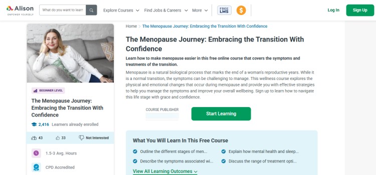 Alison online course page titled The Menopause Journey Using expert guidance to help women understand symptoms and treatments with confidence