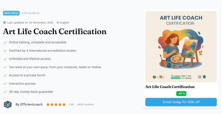 Art life coach certification scenario showing an online training course with accreditation, lifetime access, and illustrated learning materials