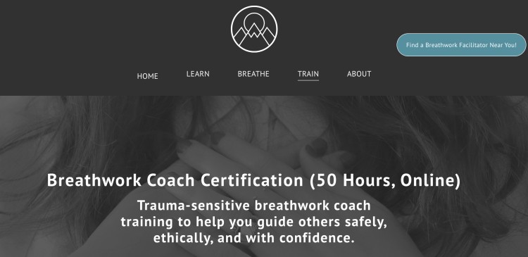 Website banner promoting breathwork coach certification training, highlighting trauma-sensitive certification training delivered online for aspiring breathwork coaches.