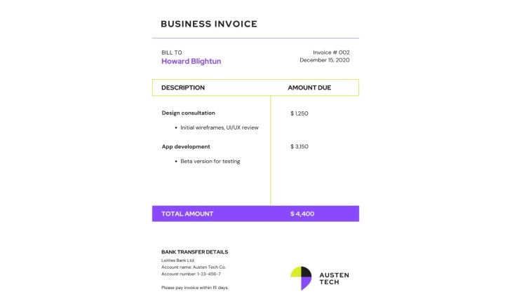 Clean business consulting invoice template showing design consultation, app development services, and total amount due