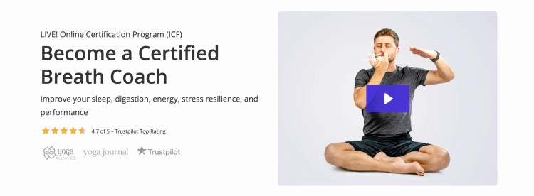 Website banner promoting a certified breathwork course showing an instructor demonstrating breathing techniques as part of an online breathwork course certification program.