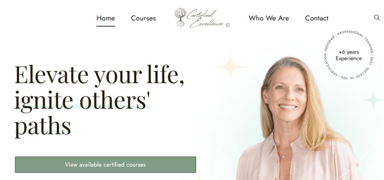 Certified Excellence homepage banner with smiling female coach promoting certified courses to work with clients and elevate their lives