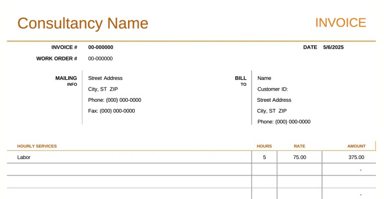 Consultancy traditional invoice template showing invoice number, billing details, hourly services, rate, and total amount