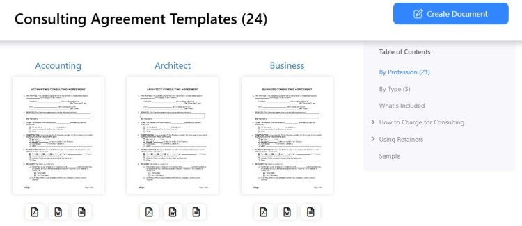 Webpage displaying multiple consulting agreement templates organized by profession, including accounting, architect, and business categories with downloadable agreement formats.