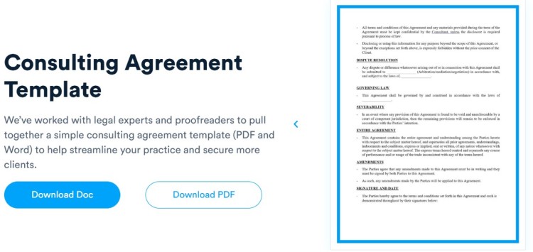 Webpage offering a consulting agreement template for consulting work with options to download a PDF or Word document to formalize client engagements.