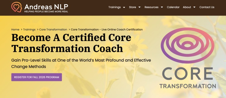 Core Transformation program banner promoting a transformational coaching certification with live online training and advanced change methods