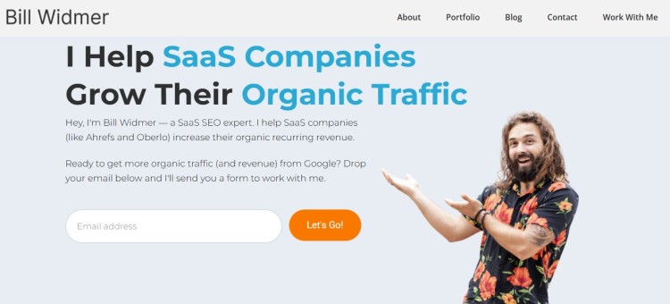 Bill Widmer website homepage showcasing a creative personal branding approach for SaaS SEO, with a bold headline about growing organic traffic and an email signup form.