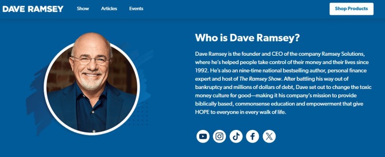 Dave Ramsey profile image showing a coach who helps people take control of their money and improve their financial lives