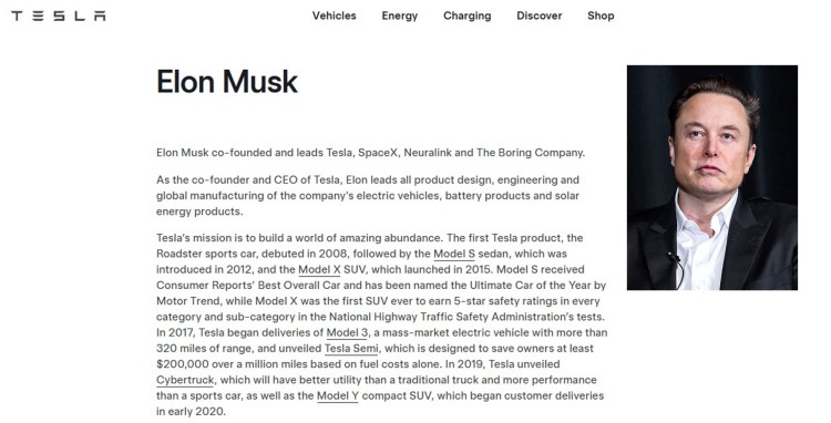 Screenshot of a Tesla profile page about Elon Musk, known for his expertise in technology and business, with a headshot and a short bio.