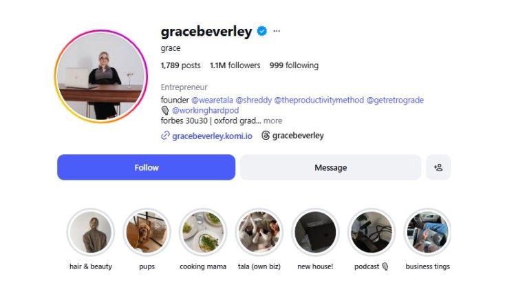 Instagram profile of Grace Beverley as one of the examples on social media, showing her bio, follower count, highlights, and entrepreneur branding.