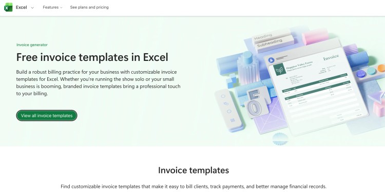 Microsoft Excel webpage featuring a free invoice template generator with customizable billing layouts for small businesses