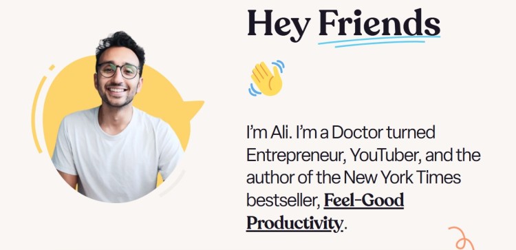 Clean graphic design featuring Ali Abdaal introducing himself as a doctor turned entrepreneur, YouTuber, and bestselling author