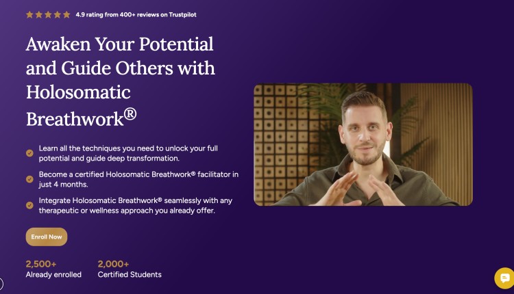 Hero section of a Holosomatic breathwork course showing an instructor explaining techniques as part of an online breathwork course certification program.
