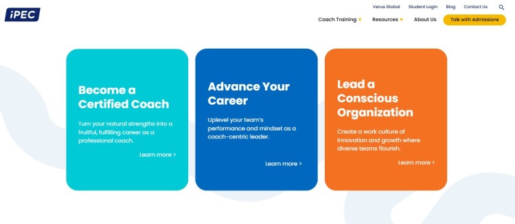 Homepage section promoting certified life coach training with options to become a certified life coach, advance your career, or lead a conscious organization