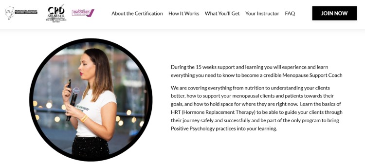 Menopause support coach speaking during certification program focused on training menopausal women with evidence-based education and support