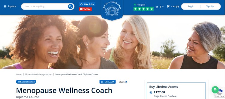 Menopause Wellness Coach diploma course page featuring women smiling outdoors, focused on training professionals to support women through menopause.