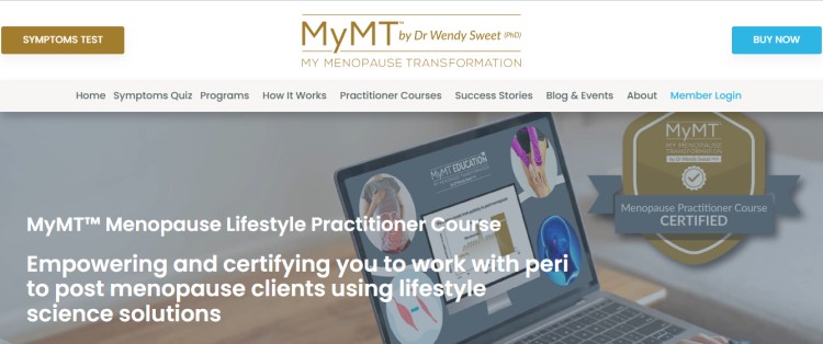 MyMT Menopause Lifestyle Practitioner Course page showing certification badge and program details to help women navigate peri to post menopause with lifestyle science solutions
