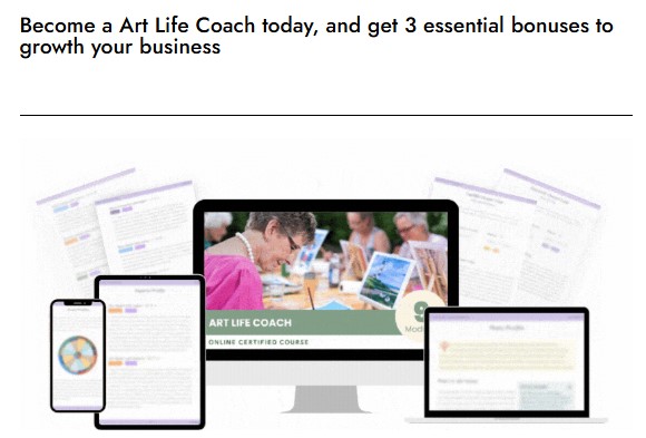Next level art life coach course displayed across desktop, tablet, and mobile devices with three business growth bonuses included