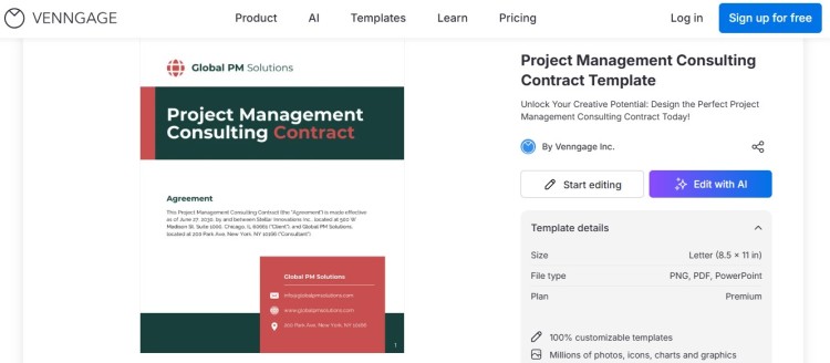 Venngage webpage displaying a project management consulting contract template pdf with options to edit, customize, and download in multiple formats.