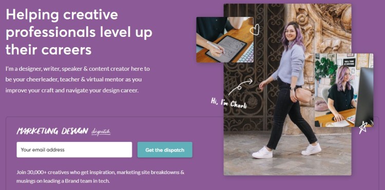 Personal website banner of a creative professional and renowned digital marketing expert helping creatives level up their careers, with email signup and lifestyle photos.