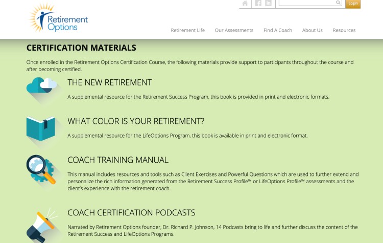 Certification materials page for a retirement coach showing books, manuals, and resources used by a retirement planner.