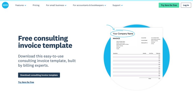 Xero website banner offering a free invoice template for your consulting business with downloadable billing layout