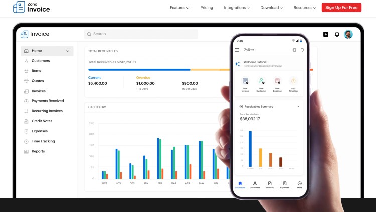 Zoho Invoice dashboard displayed on desktop and mobile showing analytics and tools for managing professional consulting invoice billing