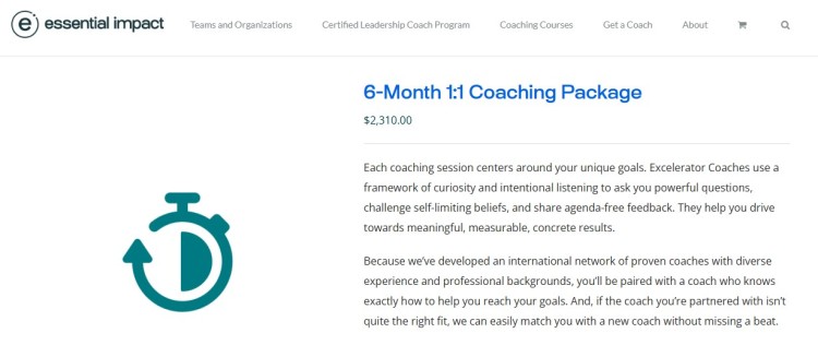 6-month 1-to-1 coaching package page showing personalized sessions designed to build leadership expertise and deliver measurable results.