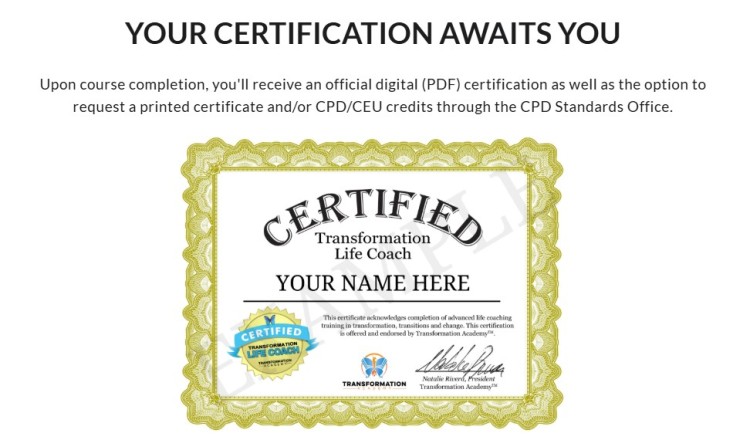 Certificate example for becoming a coach showing transformation life coach certification awarded after course completion