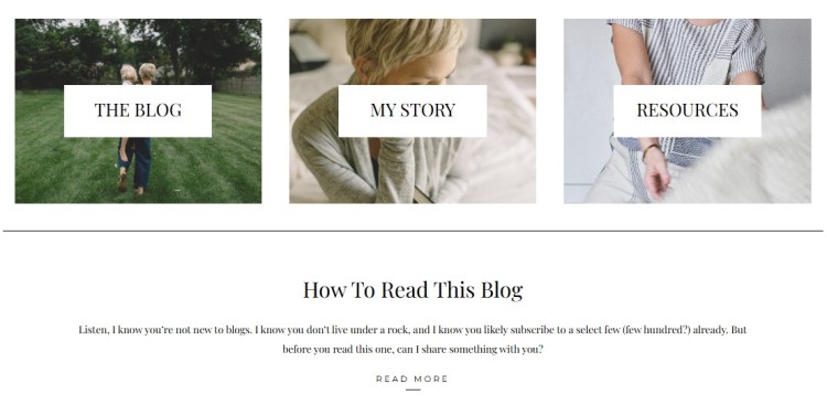 Website layout showing blog content sections including The Blog, My Story, and Resources, designed to help visitors easily navigate and explore blog content