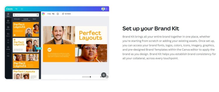 Canva brand kit interface showing layout templates and tools for creating graphics and digital art for branding and marketing